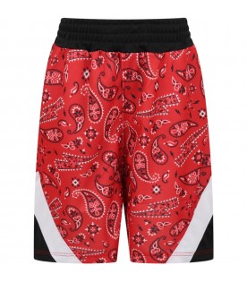 Red bermuda shorts for boy with bandana print and logo