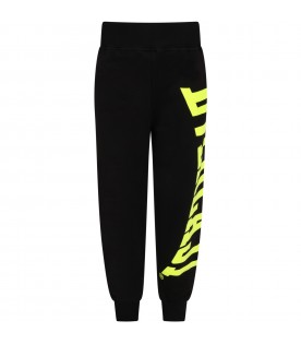 Black sweatpants for boy with neon yellow logo