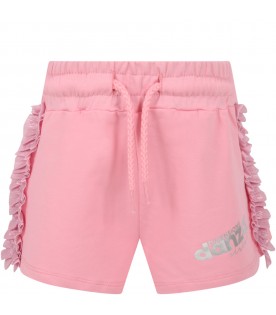 Pink shorts for girl with silver logo and ruffles