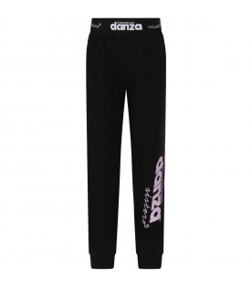 Black sweatpants for girl with lilac logo