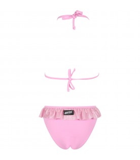Pink bikini for girl with patch logo and volants