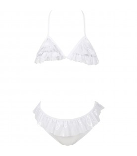 White bikini for girl with patch logo and silver ruffles