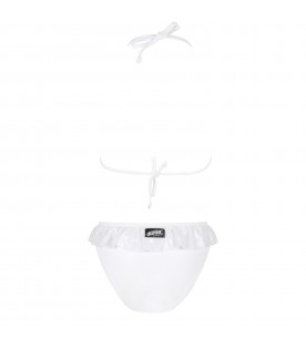 White bikini for girl with patch logo and silver ruffles