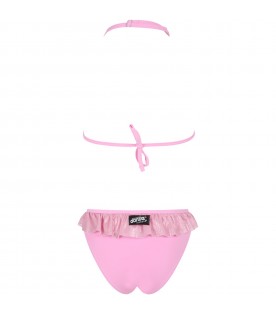 Pink bikini for girl with patch logo and volants