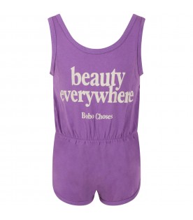 Purple jumpsuit for girl with white writing and logo