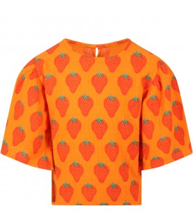 Orange blouse for girl with red strawberries