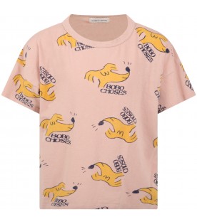 T-shirt rosa per bambini con cane giallo e logo nero