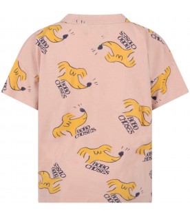 T-shirt rosa per bambini con cane giallo e logo nero