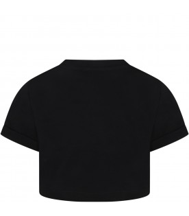 T-shirt nera per bambina con logo di strass