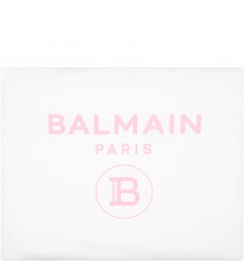 White blanket for baby girl with pink logo