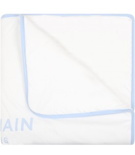 White blanket for baby boy with light blue logo