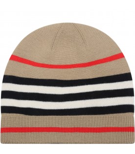 Beige hat for kids with iconic stripes
