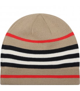 Beige hat for kids with iconic stripes