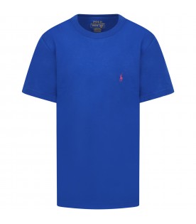 T-shirt blu royal per bambino con iconico cavallino fucsia