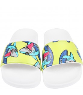 White sandals for boy with sharks and logo