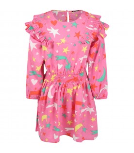 Fuchsia dress for girl with stars, hearts and moons