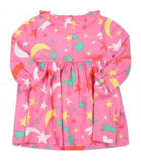 Fuchsia dress gor baby girl with colorful stars