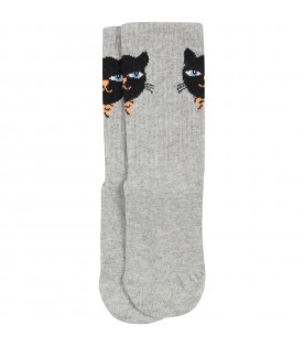 Gray anti-slip socks for kids with black cat