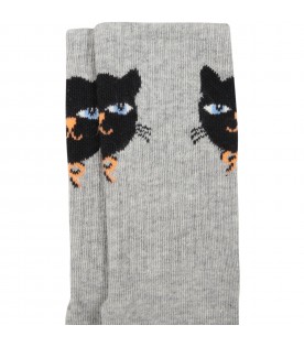 Gray anti-slip socks for kids with black cat