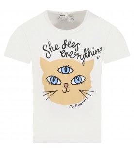 White T-shirt for girl with cat and logo