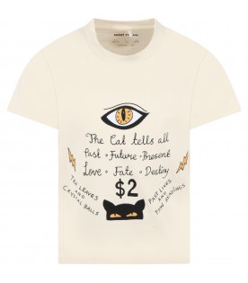 Beige T-shirt for kids with Cat Tells All print