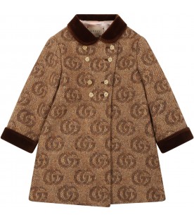 Beige coat for baby girl with double GG