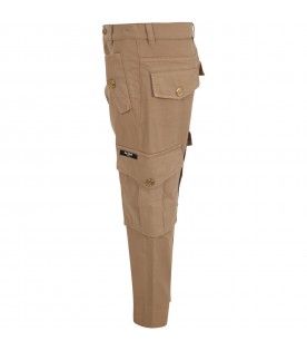 Beige cargo pants for boy with patch logo