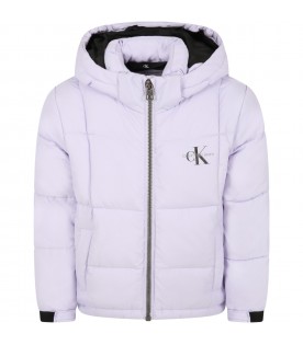 Lilac down-jacket for girl with black logo