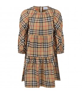 Beige dress for girl with check vintage