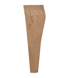Beige trousers for boy with logo embroidered
