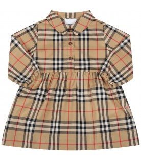 Beige dress for baby girl with check vintage