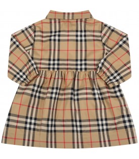 Beige dress for baby girl with check vintage