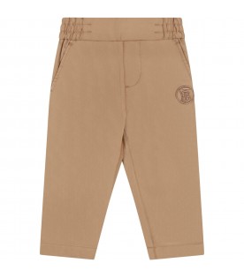 Beige trousers for baby boy with logo embroidered