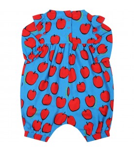 Light-blue jumpsuit for babykids with red apples and yellow logo