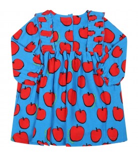 Light-blue dress for baby girl with red apples and yellow logo