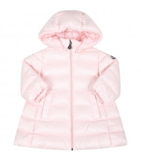 Pink down-jacket for baby girl with iconic logo patch