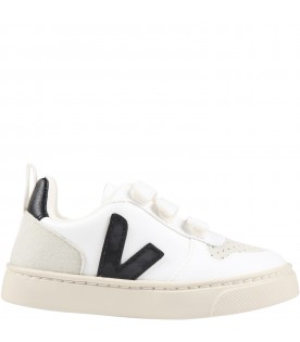 White sneakers for kids with black logo