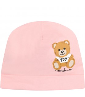 Pink hat for baby girl with teddy bear
