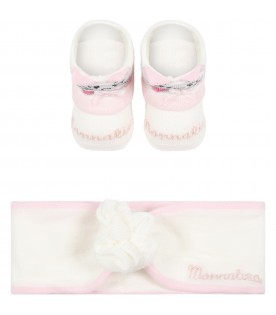 Ivory set for baby girl with cat and pink logo