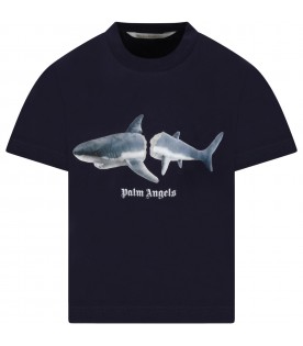 T-shirt blu per bambino con squalo
