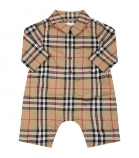 Beige babygrow for baby kids with vintage check