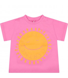 Fuchsia t-shirt for baby girl with yellow sun and logo