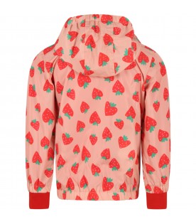 Pink windbreaker for girl with strawberries