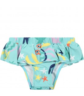 Light-blue swim-briefs for baby girl with marine-themed designs