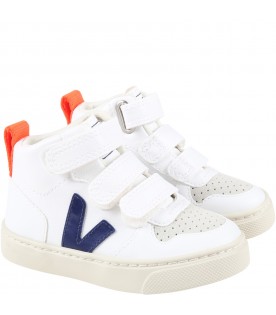 White sneakers for kids with blue logo