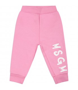 Pink sweatpants for baby girl with white logo