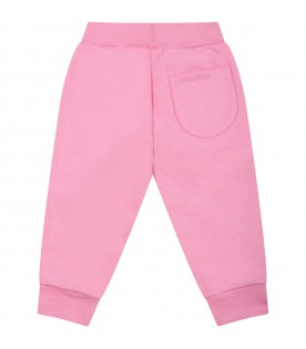 Pink sweatpants for baby girl with white logo