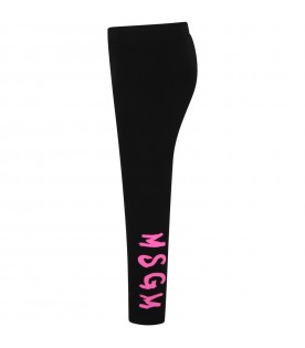 Black leggings for girl with fuchsia logo