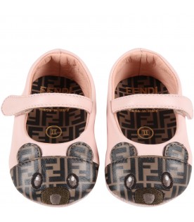 Pink ballet-flats for baby girl with bear and iconic FF