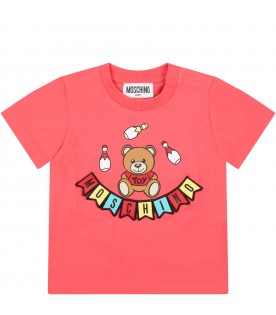 Red t-shirt for baby boy with multicolor logo